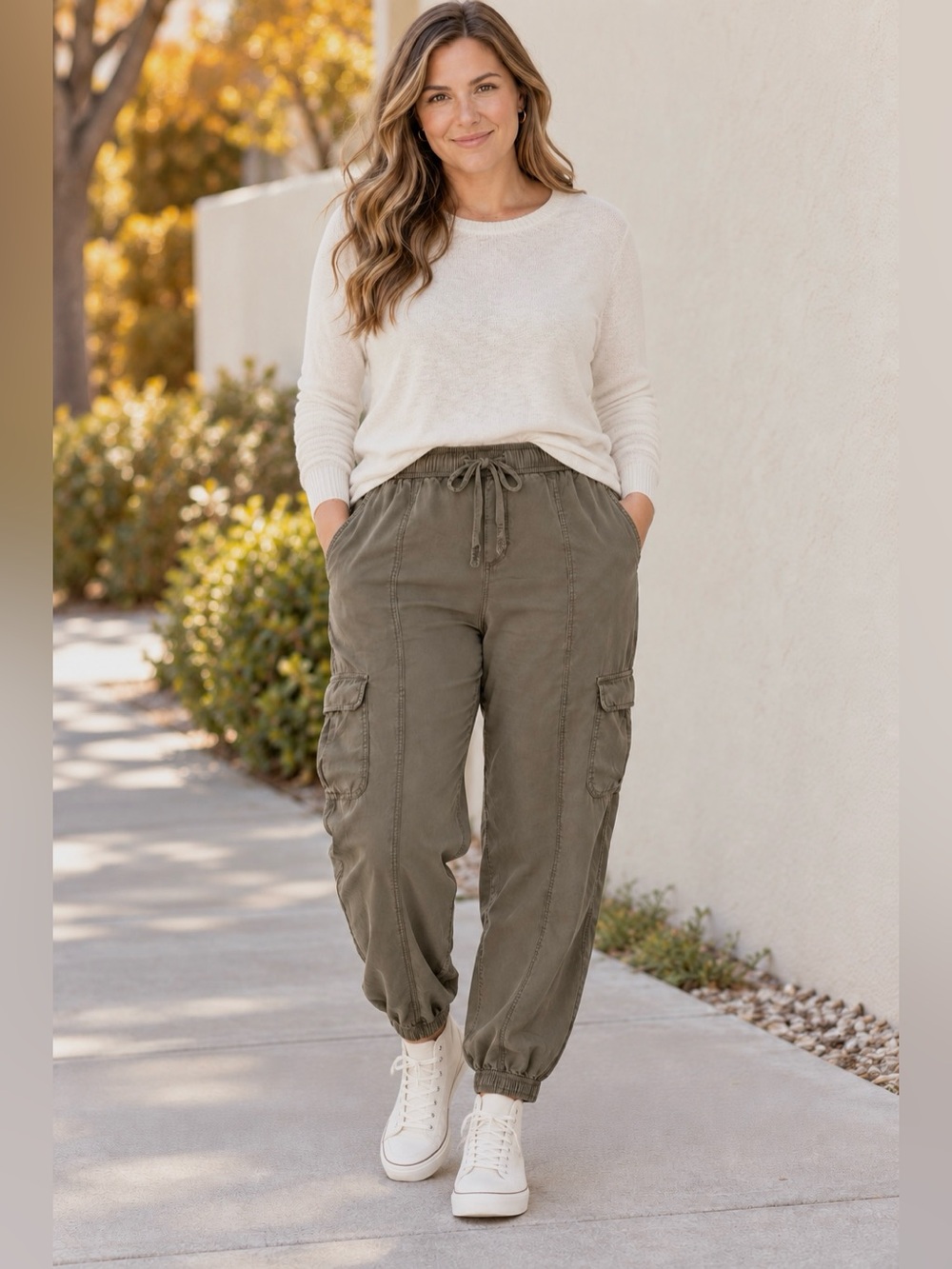 Knox Rose Olive Green Lyocell Cargo Jogger Pants XL Drawstring Waist